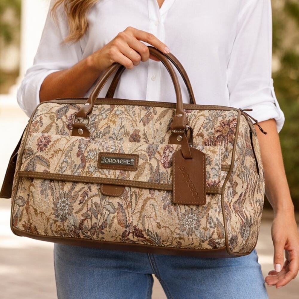 Vintage 80s Jordache Tapestry Travel Bag Small Duffel Floral Boho Carryall